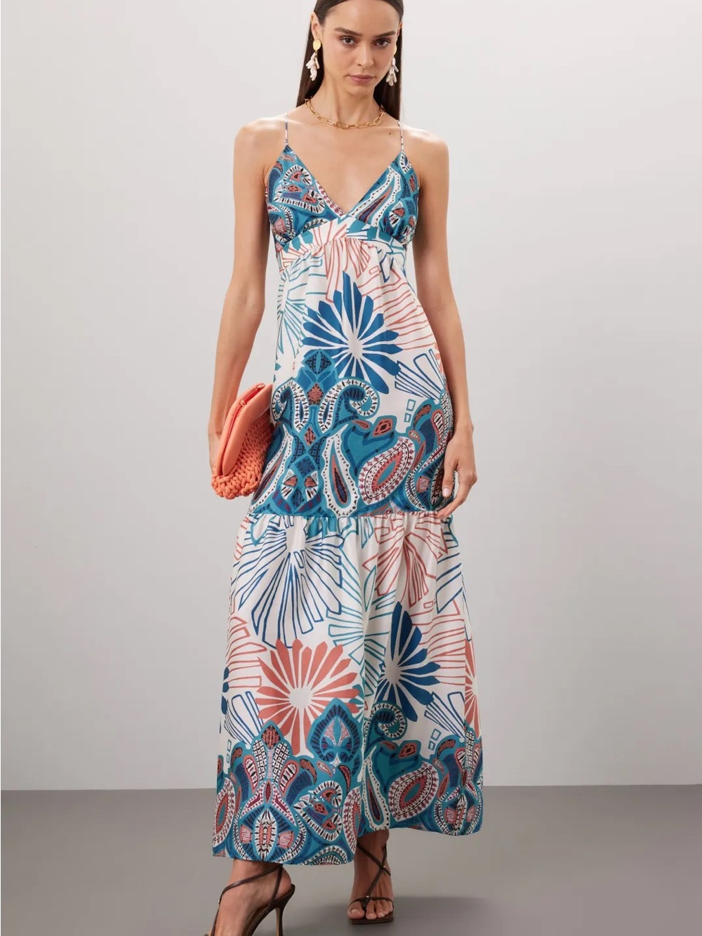 ba&sh Coral and Teal Floral Paisley Maxi Dress